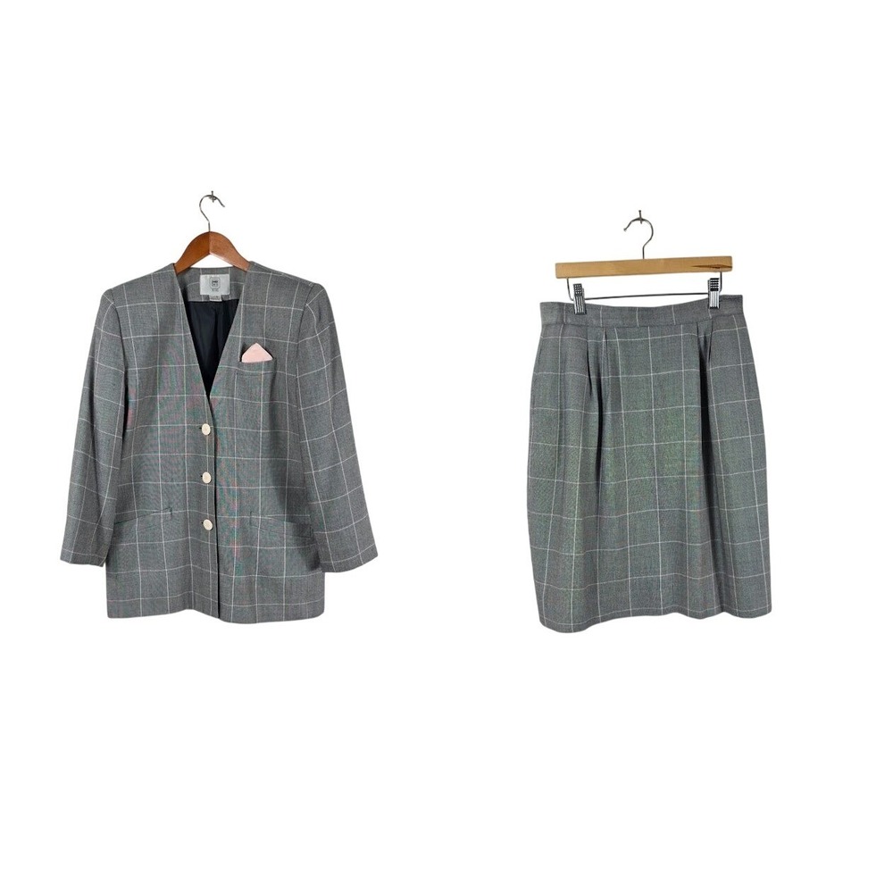 VTG Amanda Smith Skirt Suit Women 10P Gray Pink Windowpane Plaid Blazer Set